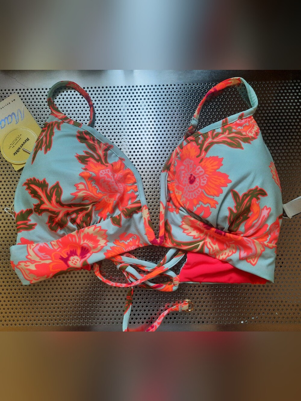 Maaji Floral Coral and Aqua Reversible Triangle Bikini Top